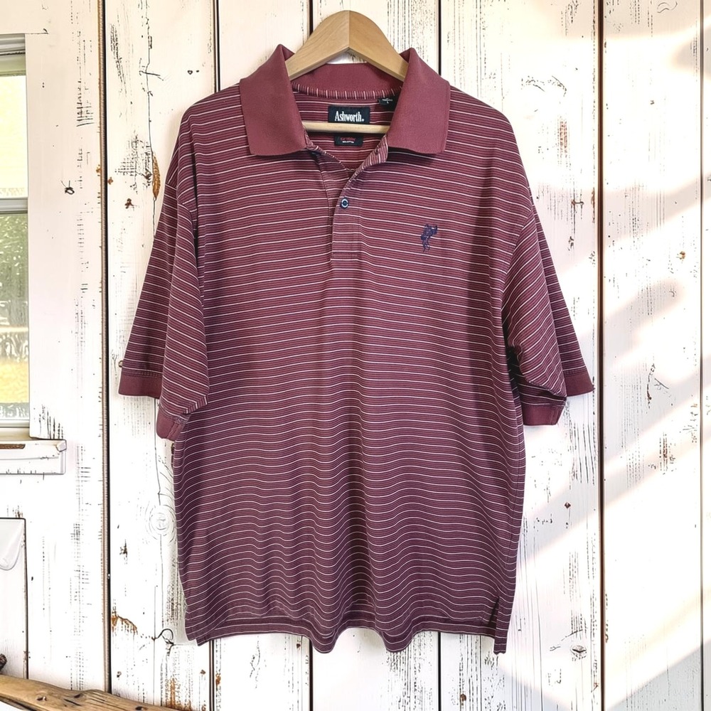 Ashworth Polo Shirt L Burgundy 100% Cotton EZ-Tech Micro-Stripe Golfer Logo